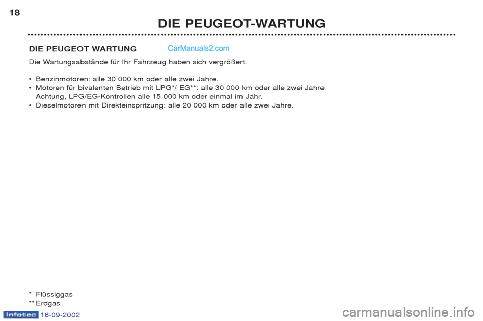 Peugeot Boxer 2002.5 Betriebsanleitung (in German) 16-09-2002
DIE PEUGEOT WARTUNG
Die WartungsabstŠnde fŸr Ihr Fahrzeug haben sich vergrš§ert. ¥Benzinmotoren: alle 30 000 km oder alle zwei Jahre.
¥ Motoren fŸr bivalenten Betrieb mit LPG*/ EG* Peugeot Boxer 2002.5 Betriebsanleitung (in German) 16-09-2002
DIE PEUGEOT WARTUNG
Die WartungsabstŠnde fŸr Ihr Fahrzeug haben sich vergrš§ert. ¥Benzinmotoren: alle 30 000 km oder alle zwei Jahre.
¥ Motoren fŸr bivalenten Betrieb mit LPG*/ EG*