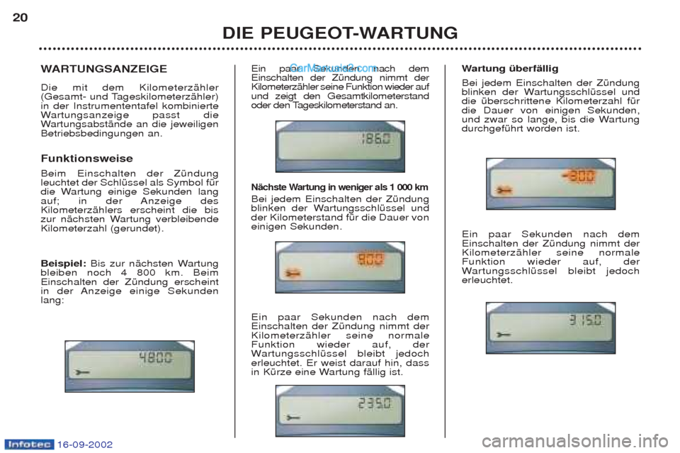 Peugeot Boxer 2002.5 Betriebsanleitung (in German) 16-09-2002
WARTUNGSANZEIGE
Die mit dem KilometerzŠhler
(Gesamt- und TageskilometerzŠhler)in der Instrumententafel kombinierteW artungsanzeige passt die
W artungsabstŠnde an die jeweiligen
Betrieb Peugeot Boxer 2002.5 Betriebsanleitung (in German) 16-09-2002
WARTUNGSANZEIGE
Die mit dem KilometerzŠhler
(Gesamt- und TageskilometerzŠhler)in der Instrumententafel kombinierteW artungsanzeige passt die
W artungsabstŠnde an die jeweiligen
Betrieb