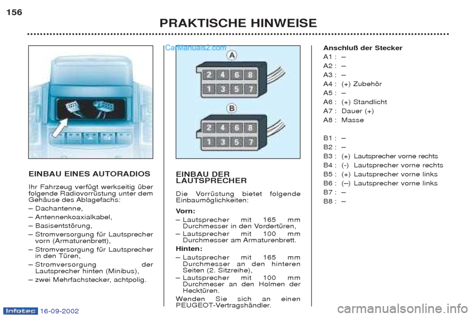 Peugeot Boxer 2002.5  Betriebsanleitung (in German) 16-09-2002
PRAKTISCHE HINWEISE
156
EINBAU EINES AUTORADIOS   Ihr Fahrzeug verfŸgt werkseitig Ÿber folgende RadiovorrŸstung unter dem
GehŠuse des Ablagefachs:  Ð
Dachantenne, 
Ð Antennenkoaxialka