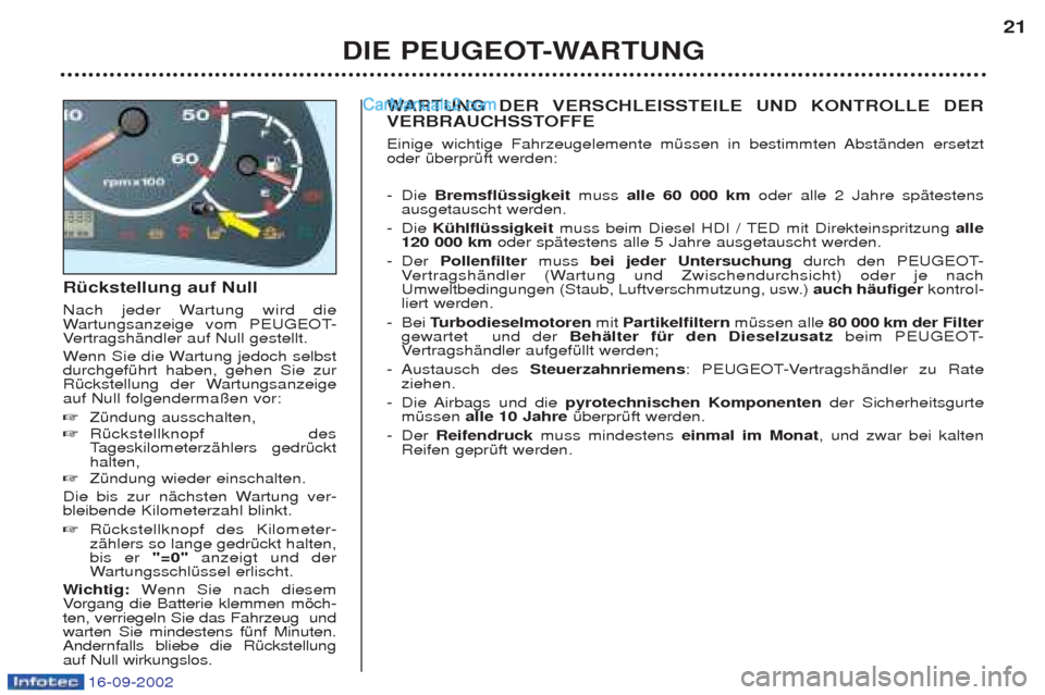 Peugeot Boxer 2002.5 Betriebsanleitung (in German) 16-09-2002
Rückstellung auf Null
Nach jeder Wartung wird die Wartungsanzeige vom PEUGEOT-
V ertragshŠndler auf Null gestellt.
W enn Sie die Wartung jedoch selbst
durchgefŸhrt haben, gehen Sie zur Peugeot Boxer 2002.5 Betriebsanleitung (in German) 16-09-2002
Rückstellung auf Null
Nach jeder Wartung wird die Wartungsanzeige vom PEUGEOT-
V ertragshŠndler auf Null gestellt.
W enn Sie die Wartung jedoch selbst
durchgefŸhrt haben, gehen Sie zur