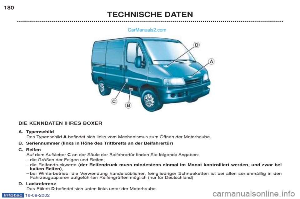 Peugeot Boxer 2002.5  Betriebsanleitung (in German) 16-09-2002
TECHNISCHE DATEN
180
DIE KENNDATEN IHRES BOXER 
A. TypenschildDas Typenschild  Abefindet sich links vom Mechanismus zum …ffnen der Motorhaube. 
B. Seriennummer (links in Höhe des Trittbr