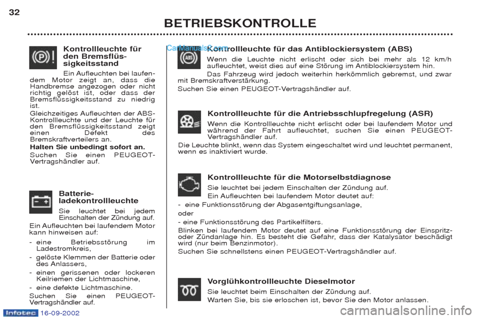 Peugeot Boxer 2002.5  Betriebsanleitung (in German) 16-09-2002
Batterie- ladekontrollleuchte Sie leuchtet bei jedem Einschalten der ZŸndung auf.
Ein Aufleuchten bei laufendem Motorkann hinweisen auf:  - eine Betriebsstšrung im Ladestromkreis, 
- gel