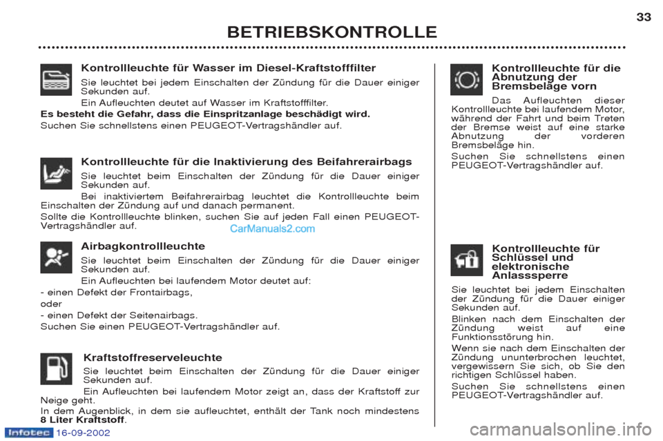 Peugeot Boxer 2002.5  Betriebsanleitung (in German) 16-09-2002
Kontrollleuchte für Wasser im Diesel-Kraftstofffilter  Sie leuchtet bei jedem Einschalten der ZŸndung fŸr die Dauer einiger Sekunden auf. 
Ein Aufleuchten deutet auf Wasser im Kraftstoff