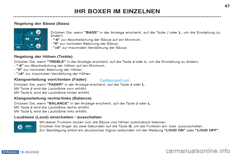 Peugeot Boxer 2002.5  Betriebsanleitung (in German) 16-09-2002
IHR BOXER IM EINZELNEN47
Regelung der Bässe (Bass) DrŸcken Sie, wenn "BASS"in der Anzeige erscheint, auf die Taste J oder  L, um die Einstellung zu
Šndern.  -  "-6"  zur AbschwŠchung de