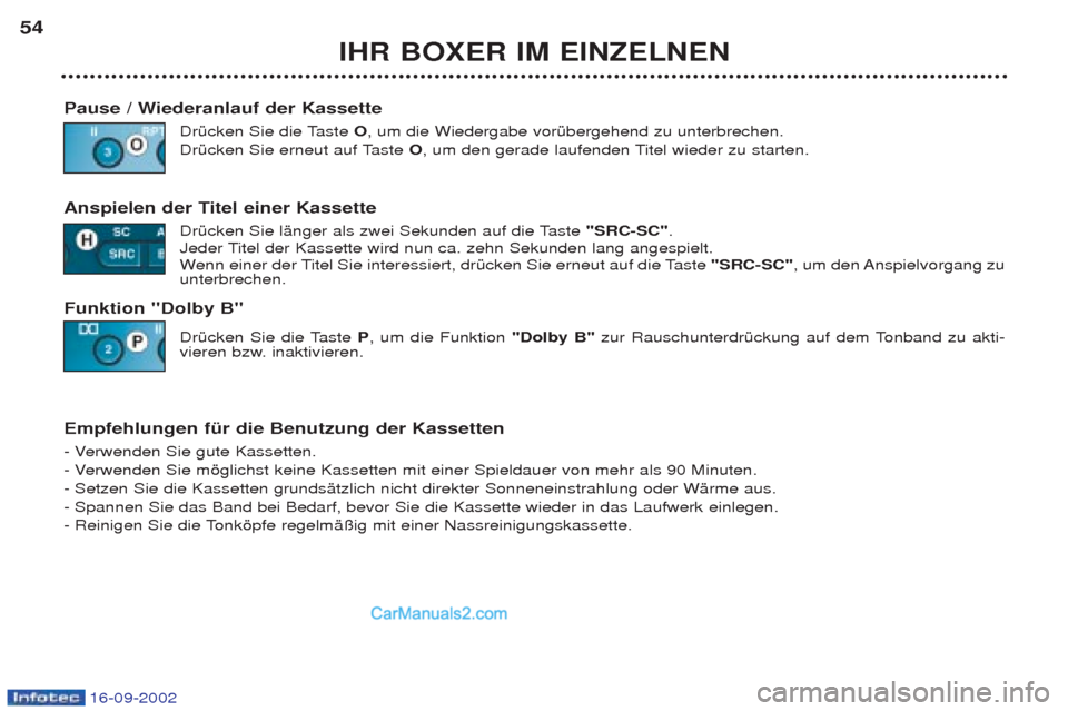 Peugeot Boxer 2002.5  Betriebsanleitung (in German) 16-09-2002
IHR BOXER IM EINZELNEN
54
Pause / Wiederanlauf der Kassette DrŸcken Sie die Taste  O, um die Wiedergabe vorŸbergehend zu unterbrechen. 
DrŸcken Sie erneut auf Taste  O, um den gerade lau