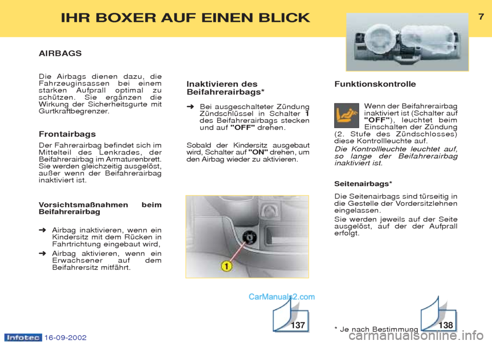 Peugeot Boxer 2002.5  Betriebsanleitung (in German) 16-09-2002
Funktionskontrolle Wenn der Beifahrerairbag
inaktiviert ist (Schalter auf "OFF" ), leuchtet beim
Einschalten der ZŸndung
(2. Stufe des ZŸndschlosses)diese Kontrollleuchte auf.  Die Kontro
