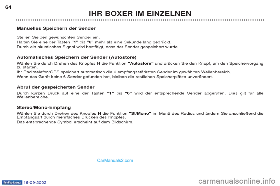 Peugeot Boxer 2002.5  Betriebsanleitung (in German) 16-09-2002
IHR BOXER IM EINZELNEN
64
Manuelles Speichern der Sender  Stellen Sie den gewŸnschten Sender ein.  
Halten Sie eine der Tasten "1"bis"6" mehr als eine Sekunde lang gedrŸckt. 
Durch ein ak