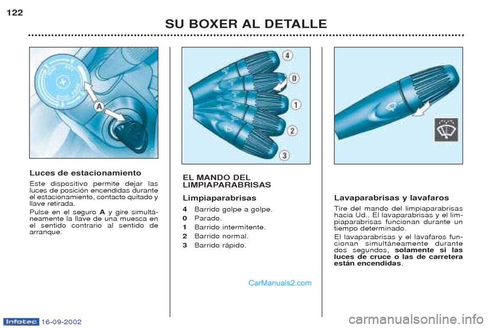 Peugeot Boxer 2002.5  Manual del propietario (in Spanish) 16-09-2002
SU BOXER AL DETALLE
122
EL MANDO DEL 
LIMPIAPARABRISAS Limpiaparabrisas  4
Barrido golpe a golpe.
0  Parado.
1  Barrido intermitente.
2  Barrido normal.  
3  Barrido r‡pido.
Lavaparabrisa