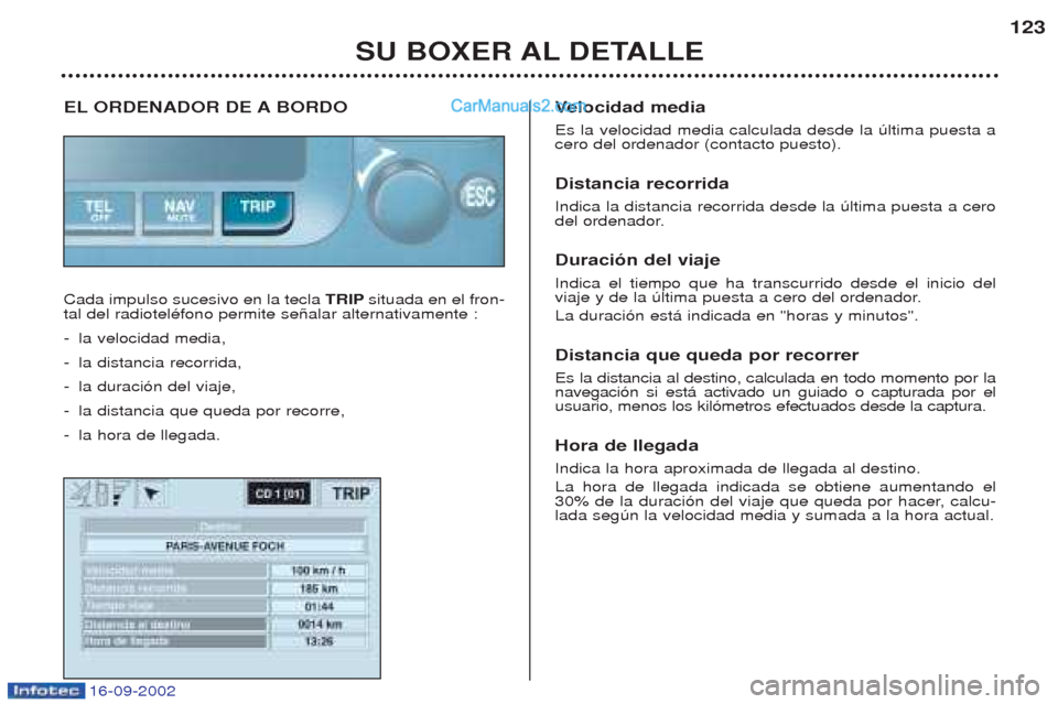 Peugeot Boxer 2002.5  Manual del propietario (in Spanish) SU BOXER AL DETALLE123
EL ORDENADOR DE A BORDO   Cada impulso sucesivo en la tecla 
TRIPsituada en el fron-
tal del radiotelŽfono permite se–alar alternativamente : - la velocidad media,
- la dista