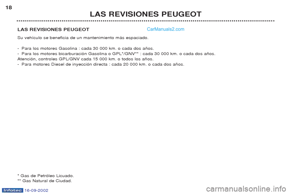 Peugeot Boxer 2002.5 Manual del propietario (in Spanish) 16-09-2002
LAS REVISIONES PEUGEOT Su veh’culo se beneficia de un mantenimiento m‡s espaciado. -Para los motores Gasolina : cada 30 000 km. o cada dos a–os.
- Para los motores bicarburaci—n Gas Peugeot Boxer 2002.5 Manual del propietario (in Spanish) 16-09-2002
LAS REVISIONES PEUGEOT Su veh’culo se beneficia de un mantenimiento m‡s espaciado. -Para los motores Gasolina : cada 30 000 km. o cada dos a–os.
- Para los motores bicarburaci—n Gas