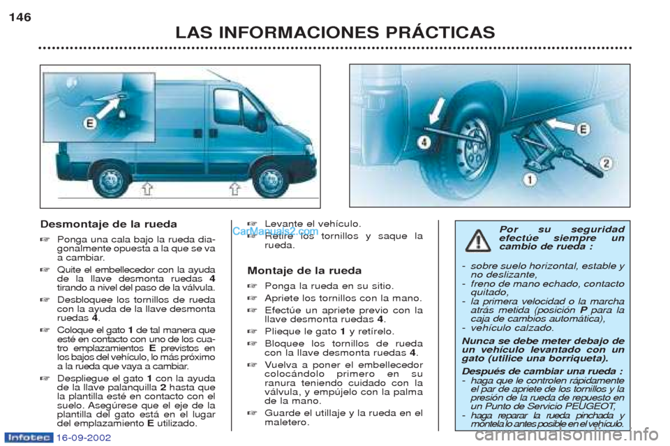 Peugeot Boxer 2002.5  Manual del propietario (in Spanish) 16-09-2002
Desmontaje de la rueda ☞Ponga una cala bajo la rueda dia- gonalmente opuesta a la que se va
a cambiar.
☞ Quite el embellecedor con la ayudade la llave desmonta ruedas  4
tirando a nivel