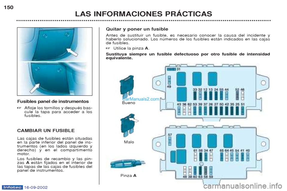 Peugeot Boxer 2002.5  Manual del propietario (in Spanish) 16-09-2002
Quitar y poner un fusible Antes de sustituir un fusible, es necesario conocer la causa del incidente y haberlo solucionado. Los nœmeros de los fusibles est‡n indicados en las cajasde fus