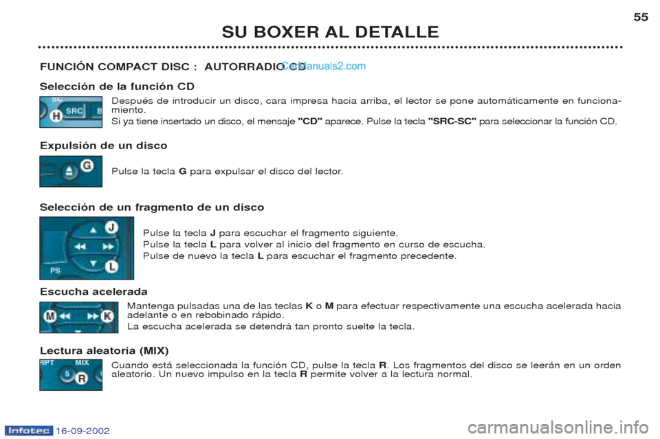 Peugeot Boxer 2002.5  Manual del propietario (in Spanish) 16-09-2002
SU BOXER AL DETALLE55
FUNCIÓN COMPACT DISC :  AUTORRADIO CD Selección de la función CD DespuŽs de introducir un disco, cara impresa hacia arriba, el lector se pone autom‡ticamente en 