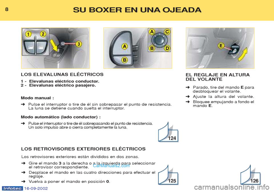 Peugeot Boxer 2002.5 Manual del propietario (in Spanish) 16-09-2002
LOS ELEVALUNAS ELÉCTRICOS
1 - Elevalunas eléctrico conductor. 2 - Elevalunas eléctrico pasajero. Modo manual : ➜Pulse el interruptor o tire de Žl sin sobrepasar el punto de resist Peugeot Boxer 2002.5 Manual del propietario (in Spanish) 16-09-2002
LOS ELEVALUNAS ELÉCTRICOS
1 - Elevalunas eléctrico conductor. 2 - Elevalunas eléctrico pasajero. Modo manual : ➜Pulse el interruptor o tire de Žl sin sobrepasar el punto de resist