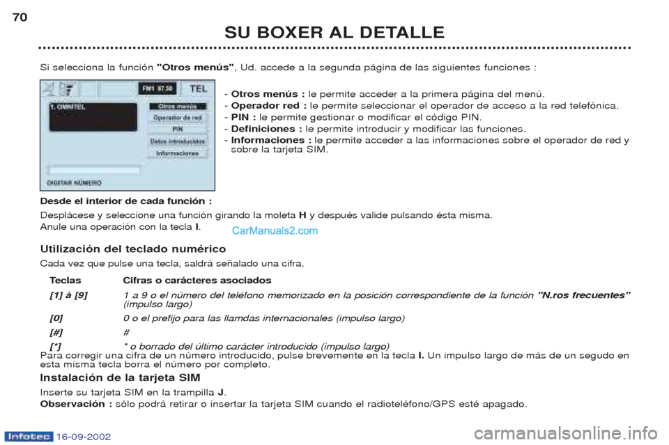 Peugeot Boxer 2002.5 Manual del propietario (in Spanish) 16-09-2002
SU BOXER AL DETALLE
70
Si selecciona la funci—n "Otros menús", Ud. accede a la segunda p‡gina de las siguientes funciones :
- Otros menús : le permite acceder a la primera p‡gina Peugeot Boxer 2002.5 Manual del propietario (in Spanish) 16-09-2002
SU BOXER AL DETALLE
70
Si selecciona la funci—n "Otros menús", Ud. accede a la segunda p‡gina de las siguientes funciones :
- Otros menús : le permite acceder a la primera p‡gina