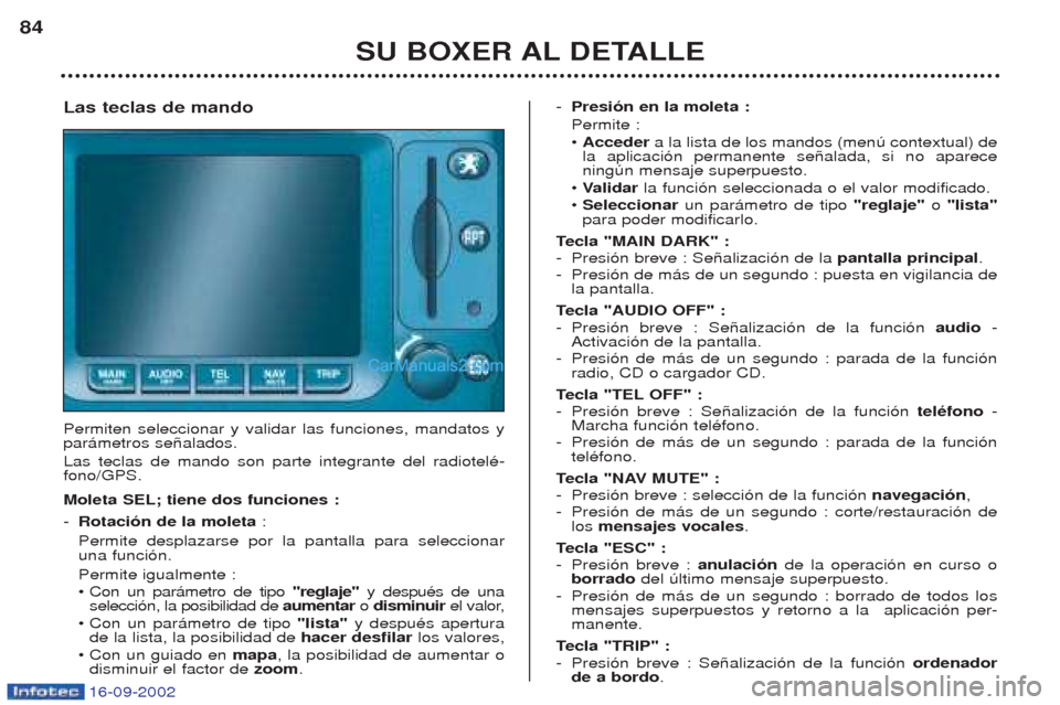 Peugeot Boxer 2002.5 Manual del propietario (in Spanish) 16-09-2002
SU BOXER AL DETALLE
84
Las teclas de mando Permiten seleccionar y validar las funciones, mandatos y par‡metros se–alados. Las teclas de mando son parte integrante del radiotelŽ- fono/ Peugeot Boxer 2002.5 Manual del propietario (in Spanish) 16-09-2002
SU BOXER AL DETALLE
84
Las teclas de mando Permiten seleccionar y validar las funciones, mandatos y par‡metros se–alados. Las teclas de mando son parte integrante del radiotelŽ- fono/