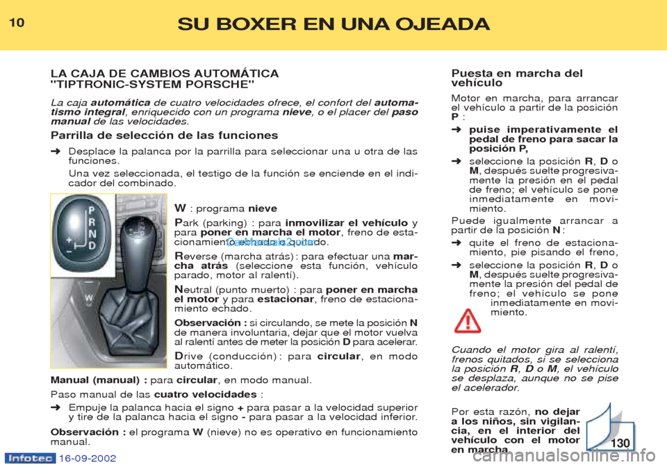 Peugeot Boxer 2002.5 Manual del propietario (in Spanish) 16-09-2002
Puesta en marcha del vehículo Motor en marcha, para arrancar el veh’culo a partir de la posici—nP:
➜ puise imperativamente elpedal de freno para sacar la
posición P,
➜ seleccione Peugeot Boxer 2002.5 Manual del propietario (in Spanish) 16-09-2002
Puesta en marcha del vehículo Motor en marcha, para arrancar el veh’culo a partir de la posici—nP:
➜ puise imperativamente elpedal de freno para sacar la
posición P,
➜ seleccione