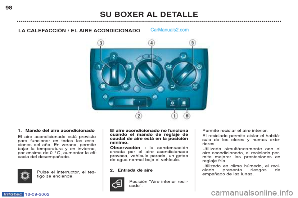 Peugeot Boxer 2002.5  Manual del propietario (in Spanish) 16-09-2002
SU BOXER AL DETALLE
98
LA CALEFACCIÓN / EL AIRE ACONDICIONADO
1. Mando del aire acondicionado  El aire acondicionado est‡ previsto para funcionar en todas las esta-ciones del a–o. En v