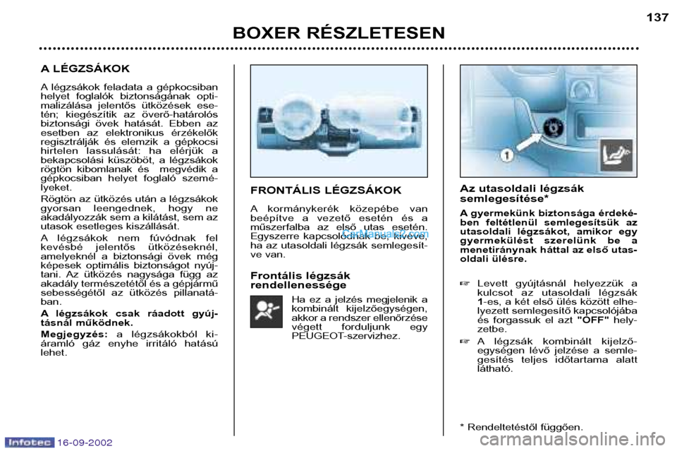 Peugeot Boxer 2002.5 Kezelési útmutató (in Hungarian) 16-09-2002
BOXER RÉSZLETESEN137
A LÉGZSÁKOK
A légzsákok feladata a gépkocsiban
helyet foglalók biztonságának opti-
malizálása jelentős ütközések ese-
tén; kiegészítik az Peugeot Boxer 2002.5 Kezelési útmutató (in Hungarian) 16-09-2002
BOXER RÉSZLETESEN137
A LÉGZSÁKOK
A légzsákok feladata a gépkocsiban
helyet foglalók biztonságának opti-
malizálása jelentős ütközések ese-
tén; kiegészítik az