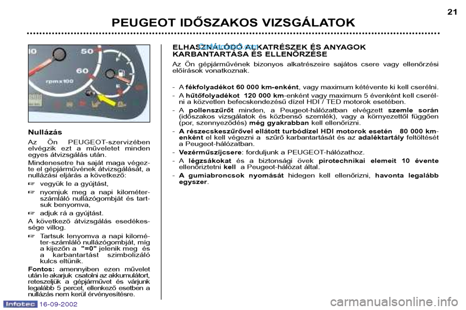 Peugeot Boxer 2002.5  Kezelési útmutató (in Hungarian) 16-09-2002
Nullázás 
Az  Ön  PEUGEOT-szervizében 
elvégzik  ezt  a  műveletet  minden
egyes átvizsgálás után. 
Mindenesetre  ha  saját  maga  végez- 
te el gépjárművének átvizsgálás