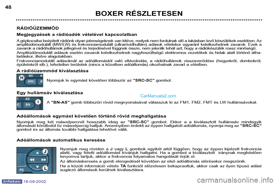 Peugeot Boxer 2002.5  Kezelési útmutató (in Hungarian) 16-09-2002
BOXER RÉSZLETESEN
48
RÁDIÓÜZEMMÓD 
Megjegyzések a rádióadók vételével kapcsolatban 
A gépkocsiba beépített rádiónk olyan jelenségeknek van kitéve, melyek nem fordulnak el�