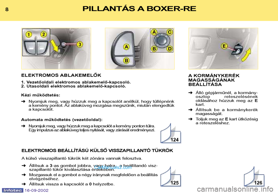 Peugeot Boxer 2002.5  Kezelési útmutató (in Hungarian) 16-09-2002
ELEKTROMOS ABLAKEMELŐK 
1. Vezetőoldali elektromos ablakemelő-kapcsoló. 
2. Utasoldali elektromos ablakemelő-kapcsoló. 
Kézi működtetés: ➜Nyomjuk meg, vagy húzzuk meg a kapcsol