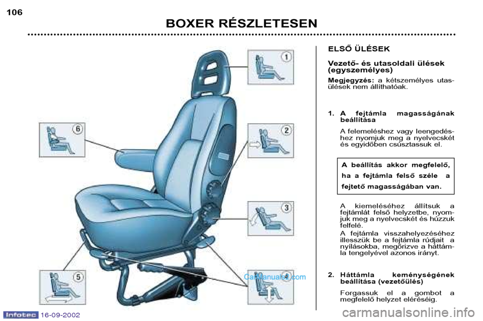 Peugeot Boxer 2002.5 Kezelési útmutató (in Hungarian) 16-09-2002
ELSŐ ÜLÉSEK
Vezető- és utasoldali ülések (egyszemélyes) Megjegyzés:a kétszemélyes utas-
ülések nem állíthatóak.
1. A fejtámla magasságának beállítása
A felemel Peugeot Boxer 2002.5 Kezelési útmutató (in Hungarian) 16-09-2002
ELSŐ ÜLÉSEK
Vezető- és utasoldali ülések (egyszemélyes) Megjegyzés:a kétszemélyes utas-
ülések nem állíthatóak.
1. A fejtámla magasságának beállítása
A felemel