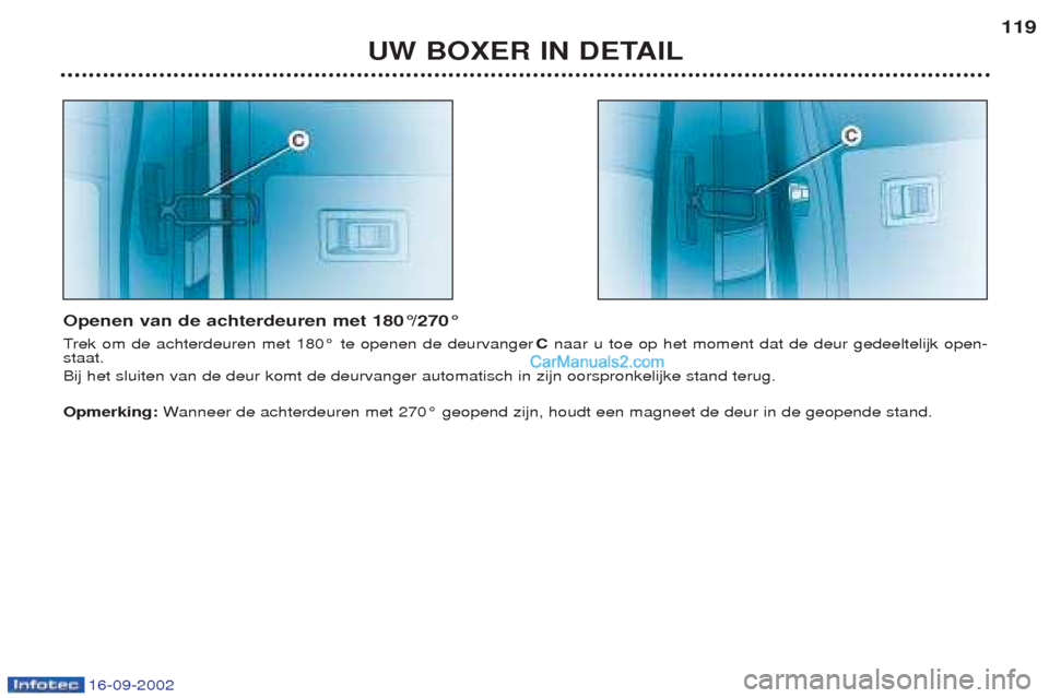 Peugeot Boxer 2002.5 Handleiding (in Dutch) 16-09-2002
UW BOXER IN DETAIL119
Openen van de achterdeuren met 180°/270° T rek om de achterdeuren met 180¡ te openen de deurvanger Cnaar u toe op het moment dat de deur gedeeltelijk open-
staat. Peugeot Boxer 2002.5 Handleiding (in Dutch) 16-09-2002
UW BOXER IN DETAIL119
Openen van de achterdeuren met 180°/270° T rek om de achterdeuren met 180¡ te openen de deurvanger Cnaar u toe op het moment dat de deur gedeeltelijk open-
staat.