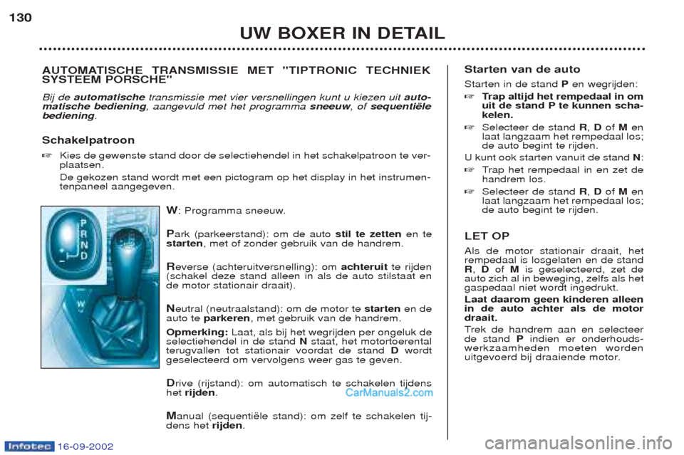 Peugeot Boxer 2002.5 Handleiding (in Dutch) 16-09-2002
W: Programma sneeuw.
P ark (parkeerstand): om de auto stil te zettenen te
starten , met of zonder gebruik van de handrem.
R everse (achteruitversnelling): om achteruitte rijden
(schakel d Peugeot Boxer 2002.5 Handleiding (in Dutch) 16-09-2002
W: Programma sneeuw.
P ark (parkeerstand): om de auto stil te zettenen te
starten , met of zonder gebruik van de handrem.
R everse (achteruitversnelling): om achteruitte rijden
(schakel d