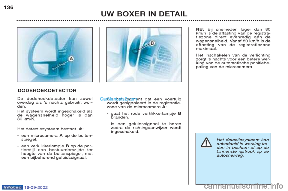 Peugeot Boxer 2002.5 Handleiding (in Dutch) 16-09-2002
UW BOXER IN DETAIL
136
De dodehoekdetector kan zowel overdag als s nachts gebruikt wor-den. Het systeem wordt ingeschakeld als de wagensnelheid hoger is dan
30 km/h. Het detectiesysteem be Peugeot Boxer 2002.5 Handleiding (in Dutch) 16-09-2002
UW BOXER IN DETAIL
136
De dodehoekdetector kan zowel overdag als s nachts gebruikt wor-den. Het systeem wordt ingeschakeld als de wagensnelheid hoger is dan
30 km/h. Het detectiesysteem be