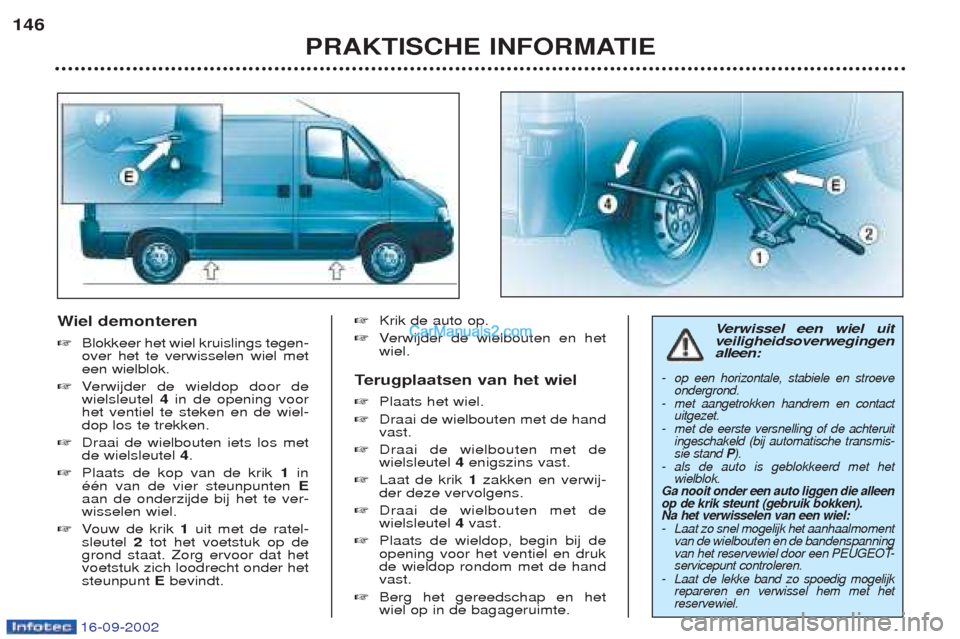 Peugeot Boxer 2002.5 Handleiding (in Dutch) 16-09-2002
Wiel demonteren
☞ Blokkeer het wiel kruislings tegen- over het te verwisselen wiel meteen wielblok.
☞ Verwijder de wieldop door de
wielsleutel 4in de opening voor
het ventiel te steken Peugeot Boxer 2002.5 Handleiding (in Dutch) 16-09-2002
Wiel demonteren
☞ Blokkeer het wiel kruislings tegen- over het te verwisselen wiel meteen wielblok.
☞ Verwijder de wieldop door de
wielsleutel 4in de opening voor
het ventiel te steken