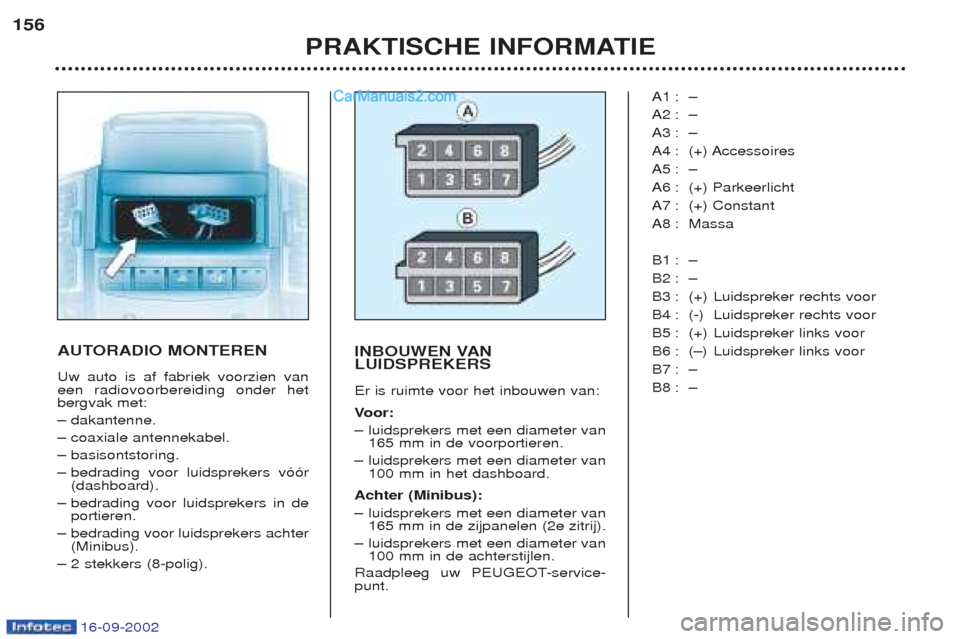 Peugeot Boxer 2002.5 Handleiding (in Dutch) 16-09-2002
PRAKTISCHE INFORMATIE
156
AUTORADIO MONTEREN Uw auto is af fabriek voorzien van een radiovoorbereiding onder hetbergvak met: Ð
dakantenne.
Ð coaxiale antennekabel.
Ð basisontstoring.
Ð Peugeot Boxer 2002.5 Handleiding (in Dutch) 16-09-2002
PRAKTISCHE INFORMATIE
156
AUTORADIO MONTEREN Uw auto is af fabriek voorzien van een radiovoorbereiding onder hetbergvak met: Ð
dakantenne.
Ð coaxiale antennekabel.
Ð basisontstoring.
Ð