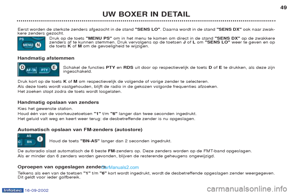 Peugeot Boxer 2002.5 Handleiding (in Dutch) 16-09-2002
UW BOXER IN DETAIL49
Eerst worden de sterkste zenders afgezocht in de stand "SENS LO". Daarna wordt in de stand "SENS DX"ook naar zwak-
kere zenders gezocht.
Druk op de toets "MENU PS"om Peugeot Boxer 2002.5 Handleiding (in Dutch) 16-09-2002
UW BOXER IN DETAIL49
Eerst worden de sterkste zenders afgezocht in de stand "SENS LO". Daarna wordt in de stand "SENS DX"ook naar zwak-
kere zenders gezocht.
Druk op de toets "MENU PS"om