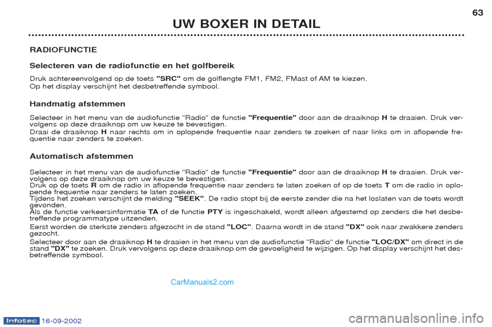 Peugeot Boxer 2002.5 Handleiding (in Dutch) 16-09-2002
UW BOXER IN DETAIL63
RADIOFUNCTIE Selecteren van de radiofunctie en het golfbereik Druk achtereenvolgend op de toets "SRC"om de golflengte FM1, FM2, FMast of AM te kiezen.
Op het display v Peugeot Boxer 2002.5 Handleiding (in Dutch) 16-09-2002
UW BOXER IN DETAIL63
RADIOFUNCTIE Selecteren van de radiofunctie en het golfbereik Druk achtereenvolgend op de toets "SRC"om de golflengte FM1, FM2, FMast of AM te kiezen.
Op het display v