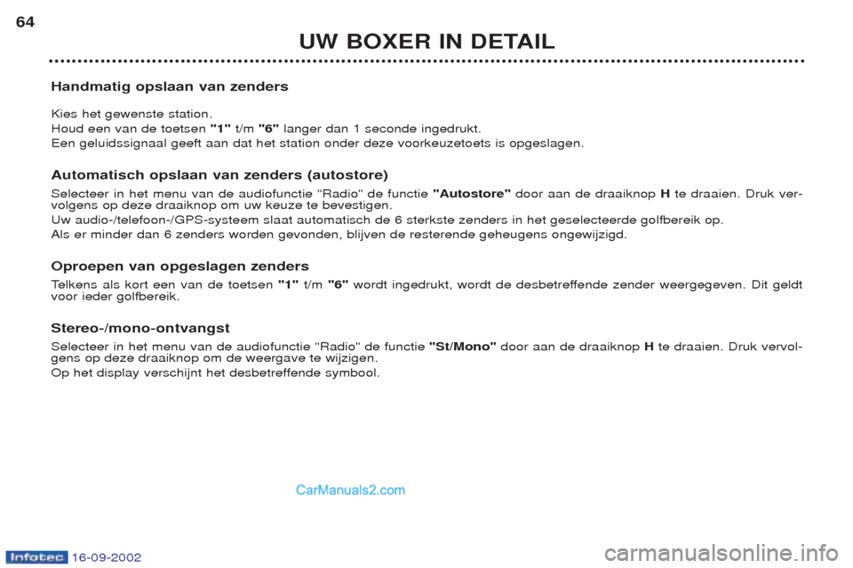 Peugeot Boxer 2002.5 Handleiding (in Dutch) 16-09-2002
UW BOXER IN DETAIL
64
Handmatig opslaan van zenders Kies het gewenste station. Houd een van de toetsen "1"t/m "6" langer dan 1 seconde ingedrukt.
Een geluidssignaal geeft aan dat het stati Peugeot Boxer 2002.5 Handleiding (in Dutch) 16-09-2002
UW BOXER IN DETAIL
64
Handmatig opslaan van zenders Kies het gewenste station. Houd een van de toetsen "1"t/m "6" langer dan 1 seconde ingedrukt.
Een geluidssignaal geeft aan dat het stati