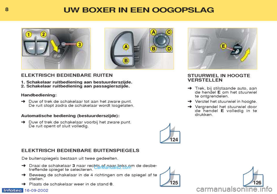 Peugeot Boxer 2002.5  Handleiding (in Dutch) 16-09-2002
ELEKTRISCH BEDIENBARE RUITEN 1. Schakelaar ruitbediening aan bestuurderszijde. 2. Schakelaar ruitbediening aan passagierszijde. Handbediening: ➜Duw of trek de schakelaar tot aan het zware