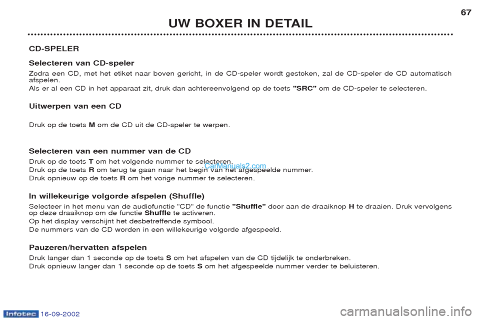 Peugeot Boxer 2002.5 Handleiding (in Dutch) 16-09-2002
UW BOXER IN DETAIL67
CD-SPELER Selecteren van CD-speler Zodra een CD, met het etiket naar boven gericht, in de CD-speler wordt gestoken, zal de CD-speler de CD automatisch afspelen. Als er Peugeot Boxer 2002.5 Handleiding (in Dutch) 16-09-2002
UW BOXER IN DETAIL67
CD-SPELER Selecteren van CD-speler Zodra een CD, met het etiket naar boven gericht, in de CD-speler wordt gestoken, zal de CD-speler de CD automatisch afspelen. Als er