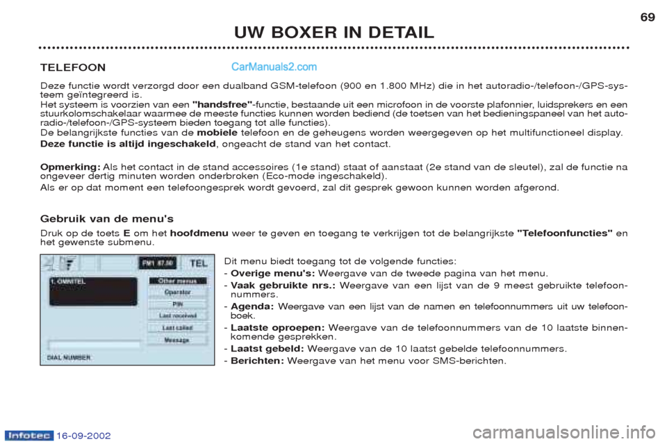 Peugeot Boxer 2002.5 Handleiding (in Dutch) 16-09-2002
UW BOXER IN DETAIL69
TELEFOON Deze functie wordt verzorgd door een dualband GSM-telefoon (900 en 1.800 MHz) die in het autoradio-/telefoon-/GPS-sys- teem ge•ntegreerd is. Het systeem is v Peugeot Boxer 2002.5 Handleiding (in Dutch) 16-09-2002
UW BOXER IN DETAIL69
TELEFOON Deze functie wordt verzorgd door een dualband GSM-telefoon (900 en 1.800 MHz) die in het autoradio-/telefoon-/GPS-sys- teem ge•ntegreerd is. Het systeem is v