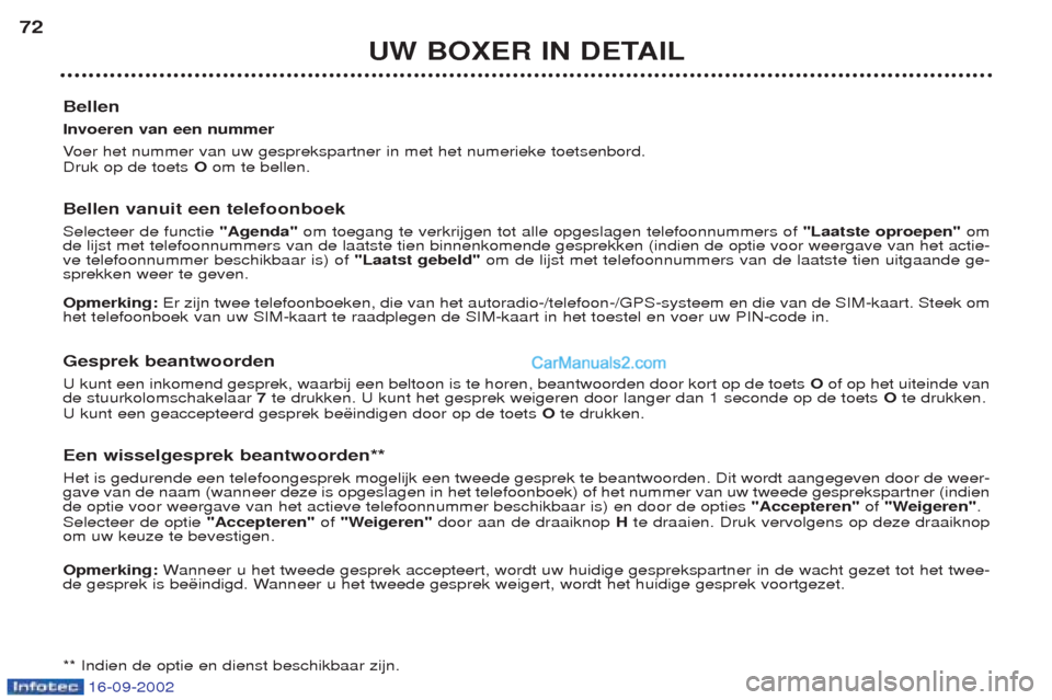 Peugeot Boxer 2002.5 Handleiding (in Dutch) 16-09-2002
UW BOXER IN DETAIL
72
Bellen Invoeren van een nummerVoer het nummer van uw gesprekspartner in met het numerieke toetsenbord.
Druk op de toets Oom te bellen.
Bellen vanuit een telefoonboekS Peugeot Boxer 2002.5 Handleiding (in Dutch) 16-09-2002
UW BOXER IN DETAIL
72
Bellen Invoeren van een nummerVoer het nummer van uw gesprekspartner in met het numerieke toetsenbord.
Druk op de toets Oom te bellen.
Bellen vanuit een telefoonboekS