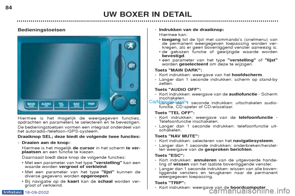 Peugeot Boxer 2002.5 Handleiding (in Dutch) 16-09-2002
UW BOXER IN DETAIL
84
Bedieningstoetsen Hiermee is het mogelijk de weergegeven functies, opdrachten en parameters te selecteren en te bevestigen. De bedieningstoetsen vormen een integraal o Peugeot Boxer 2002.5 Handleiding (in Dutch) 16-09-2002
UW BOXER IN DETAIL
84
Bedieningstoetsen Hiermee is het mogelijk de weergegeven functies, opdrachten en parameters te selecteren en te bevestigen. De bedieningstoetsen vormen een integraal o