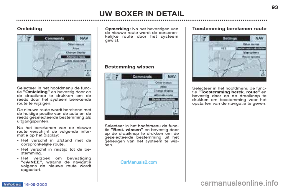 Peugeot Boxer 2002.5 Handleiding (in Dutch) 16-09-2002
UW BOXER IN DETAIL93
Selecteer in het hoofdmenu de func- tie
"Omleiding" en bevestig door op
de draaiknop te drukken om dereeds door het systeem berekenderoute te wijzigen. De nieuwe route Peugeot Boxer 2002.5 Handleiding (in Dutch) 16-09-2002
UW BOXER IN DETAIL93
Selecteer in het hoofdmenu de func- tie
"Omleiding" en bevestig door op
de draaiknop te drukken om dereeds door het systeem berekenderoute te wijzigen. De nieuwe route