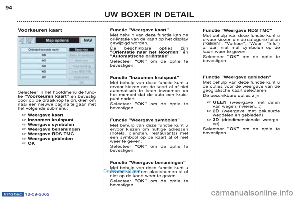 Peugeot Boxer 2002.5 Handleiding (in Dutch) 16-09-2002
UW BOXER IN DETAIL
94
Selecteer in het hoofdmenu de func- tie
"Voorkeuren kaart" en bevestig
door op de draaiknop te drukken omnaar een nieuwe pagina te gaan methet volgende submenu:
☞ W Peugeot Boxer 2002.5 Handleiding (in Dutch) 16-09-2002
UW BOXER IN DETAIL
94
Selecteer in het hoofdmenu de func- tie
"Voorkeuren kaart" en bevestig
door op de draaiknop te drukken omnaar een nieuwe pagina te gaan methet volgende submenu:
☞ W