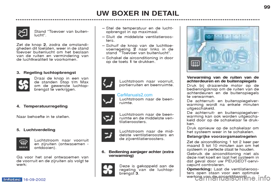 Peugeot Boxer 2002.5 Handleiding (in Dutch) 16-09-2002
UW BOXER IN DETAIL99
Luchtstroom naar voorruit, portierruiten en beenruimte. Luchtstroom naar de been- ruimte. Luchtstroom naar de been- ruimte en de middelste ven-tilatieroosters. Luchtstr Peugeot Boxer 2002.5 Handleiding (in Dutch) 16-09-2002
UW BOXER IN DETAIL99
Luchtstroom naar voorruit, portierruiten en beenruimte. Luchtstroom naar de been- ruimte. Luchtstroom naar de been- ruimte en de middelste ven-tilatieroosters. Luchtstr