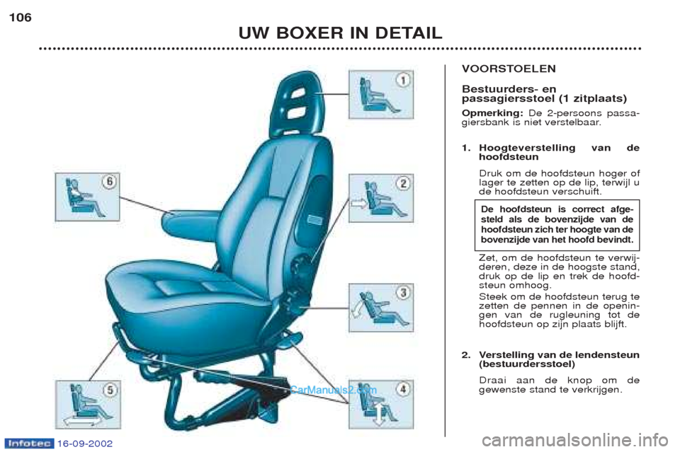 Peugeot Boxer 2002.5 Handleiding (in Dutch) 16-09-2002
VOORSTOELEN Bestuurders- en passagiersstoel (1 zitplaats) Opmerking:De 2-persoons passa-
giersbank is niet verstelbaar. 1. Hoogteverstelling van de hoofdsteun Druk om de hoofdsteun hoger of Peugeot Boxer 2002.5 Handleiding (in Dutch) 16-09-2002
VOORSTOELEN Bestuurders- en passagiersstoel (1 zitplaats) Opmerking:De 2-persoons passa-
giersbank is niet verstelbaar. 1. Hoogteverstelling van de hoofdsteun Druk om de hoofdsteun hoger of