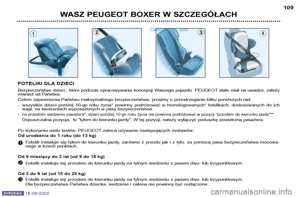 Peugeot Boxer 2002.5 Instrukcja Obsługi (in Polish) 16-09-2002
WASZ PEUGEOT BOXER W SZCZEGÓŁACH109
FOTELIKI DLA DZIECI
Bezpieczeństwo dzieci, które podczas opracowywania koncepcji Waszego pojazdu PEUGEOT stale miał na uwadze, zale Peugeot Boxer 2002.5 Instrukcja Obsługi (in Polish) 16-09-2002
WASZ PEUGEOT BOXER W SZCZEGÓŁACH109
FOTELIKI DLA DZIECI
Bezpieczeństwo dzieci, które podczas opracowywania koncepcji Waszego pojazdu PEUGEOT stale miał na uwadze, zale