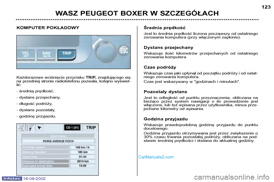 Peugeot Boxer 2002.5  Instrukcja Obsługi (in Polish) WASZ PEUGEOT BOXER W SZCZEGÓŁACH123
KOMPUTER POKŁADOWY 
Każdorazowe wciśnięcie przycisku 
TRIP,znajdującego się
na przedniej stronie radiotelefonu pozwala, kolejno wyświet- lić: 
- średnią