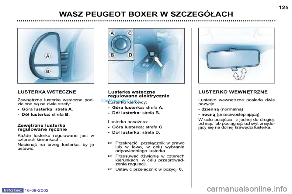 Peugeot Boxer 2002.5 Instrukcja Obsługi (in Polish) 16-09-2002
WASZ PEUGEOT BOXER W SZCZEGÓŁACH125
LUSTERKA WSTECZNE
Zewnętrzne lusterka wsteczne pod-
zielone są na dwie strefy:
- Góra lusterka:
strefaA.
- Dół lusterka: strefaB.
Zewętr Peugeot Boxer 2002.5 Instrukcja Obsługi (in Polish) 16-09-2002
WASZ PEUGEOT BOXER W SZCZEGÓŁACH125
LUSTERKA WSTECZNE
Zewnętrzne lusterka wsteczne pod-
zielone są na dwie strefy:
- Góra lusterka:
strefaA.
- Dół lusterka: strefaB.
Zewętr