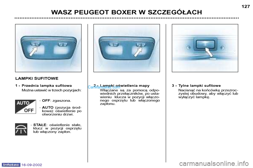 Peugeot Boxer 2002.5 Instrukcja Obsługi (in Polish) 16-09-2002
WASZ PEUGEOT BOXER W SZCZEGÓŁACH127
LAMPKI SUFITOWE
1 - Przednia lampka sufitowa
Można ustawić w trzech pozycjach:
- OFF : zgaszona.
- AUTO (pozycja środ-
kowa): oświetlenie po
Peugeot Boxer 2002.5 Instrukcja Obsługi (in Polish) 16-09-2002
WASZ PEUGEOT BOXER W SZCZEGÓŁACH127
LAMPKI SUFITOWE
1 - Przednia lampka sufitowa
Można ustawić w trzech pozycjach:
- OFF : zgaszona.
- AUTO (pozycja środ-
kowa): oświetlenie po