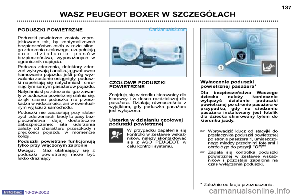 Peugeot Boxer 2002.5 Instrukcja Obsługi (in Polish) 16-09-2002
WASZ PEUGEOT BOXER W SZCZEGÓŁACH137
PODUSZKI POWIETRZNE
Poduszki powietrzne zostały zapro-
jektowane tak, by zoptymalizować
bezpieczeństwo osób w razie silne-
go zderzenia Peugeot Boxer 2002.5 Instrukcja Obsługi (in Polish) 16-09-2002
WASZ PEUGEOT BOXER W SZCZEGÓŁACH137
PODUSZKI POWIETRZNE
Poduszki powietrzne zostały zapro-
jektowane tak, by zoptymalizować
bezpieczeństwo osób w razie silne-
go zderzenia
