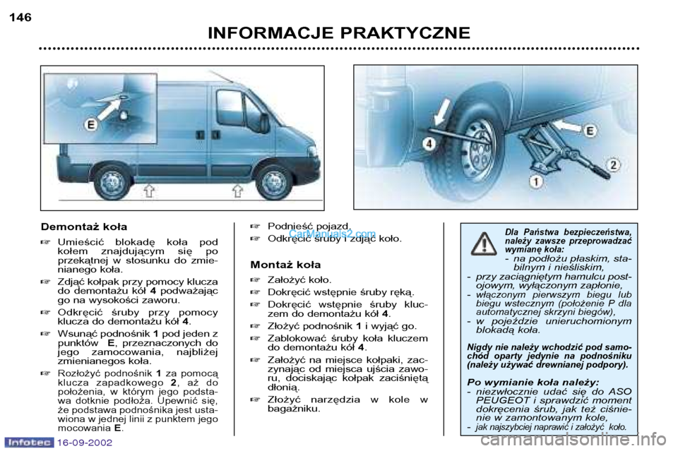 Peugeot Boxer 2002.5  Instrukcja Obsługi (in Polish) 16-09-2002
Demontaż koła �Umieścić  blokadę  koła  pod 
kołem  znajdującym  się  po
przekątnej  w  stosunku  do  zmie-
nianego koła.
� Zdjąć kołpak przy pomocy klucza
do  demontażu  kó